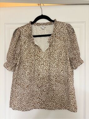 J. Crew Cream and Brown Leopard-Print Ruffle V-Neck Blouse